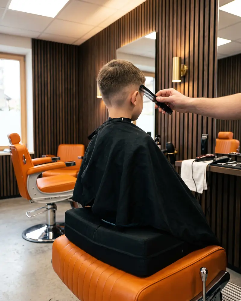 Bub auf einem Sitzkissen im orangefarbenen Stuhl, kurzer Schnitt, der Barber kämmt die Seite