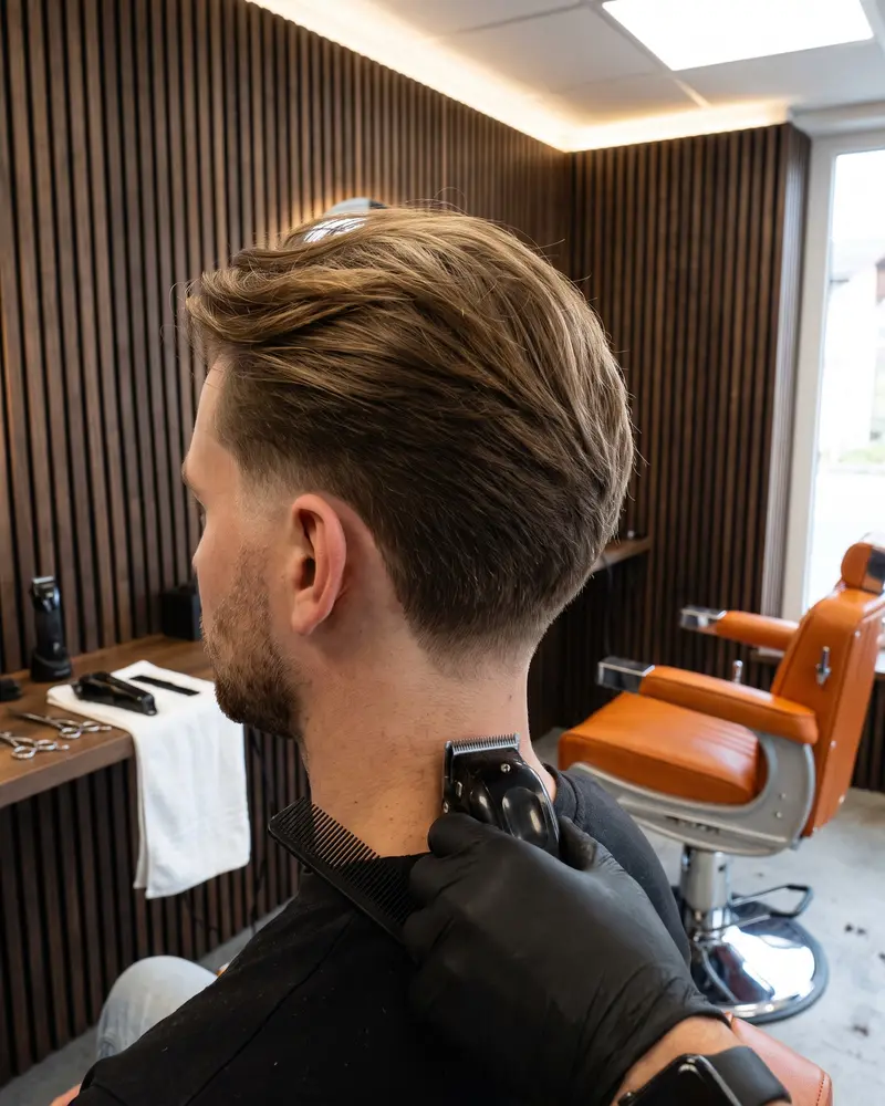 Hellbraunes Haar, oben länger nach hinten gelegt, an Schläfe und Nacken kurz ausrasiert
