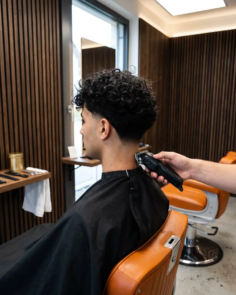 Schwarze Locken oben, die Seiten ab halber Höhe ausrasiert, der Barber am Nacken mit der Maschine