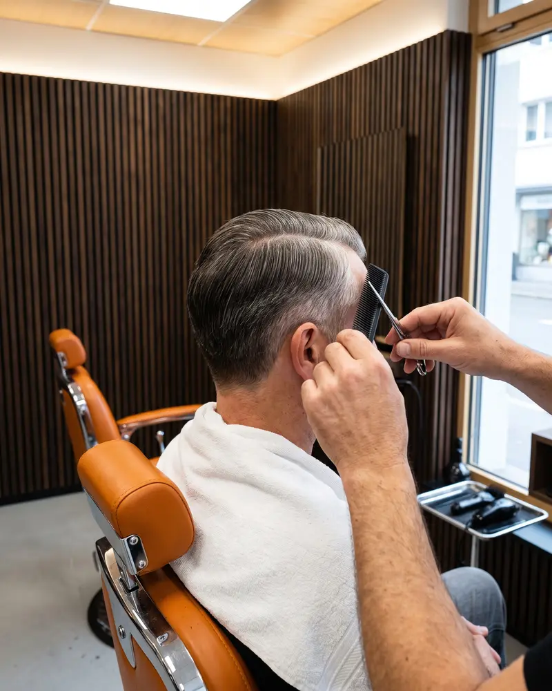Grau meliertes Haar mit Seitenscheitel, der Barber schneidet mit Kamm und Schere über dem Ohr