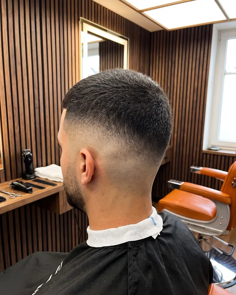 Hinterkopf mit frischem Skin Fade: am Nacken auf die Haut, oben kurz und strukturiert