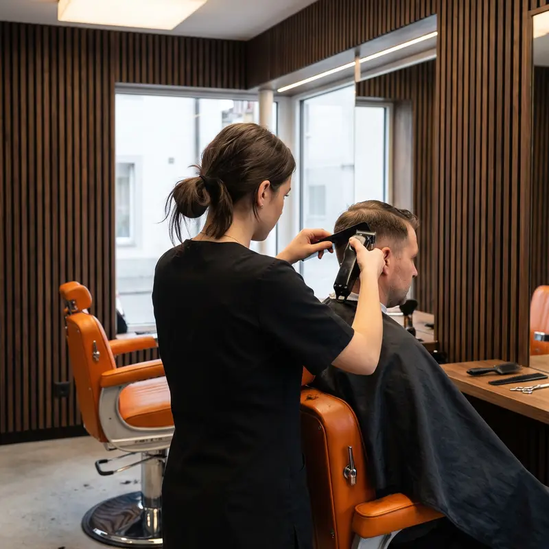 Junge Friseurin mit Pferdeschwanz von hinten, sie schneidet einem Kunden mit der Maschine die Seiten