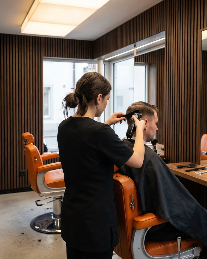 Junge Friseurin mit Pferdeschwanz von hinten, sie schneidet einem Kunden mit der Maschine die Seiten