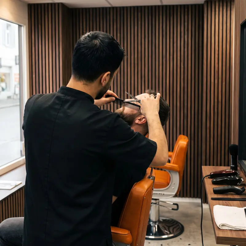 Barber von hinten, er stutzt einem Kunden mit Kamm und Schere den Bart