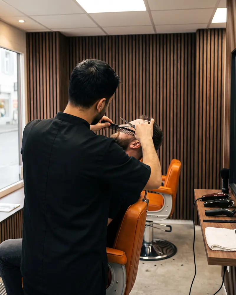Barber von hinten, er stutzt einem Kunden mit Kamm und Schere den Bart